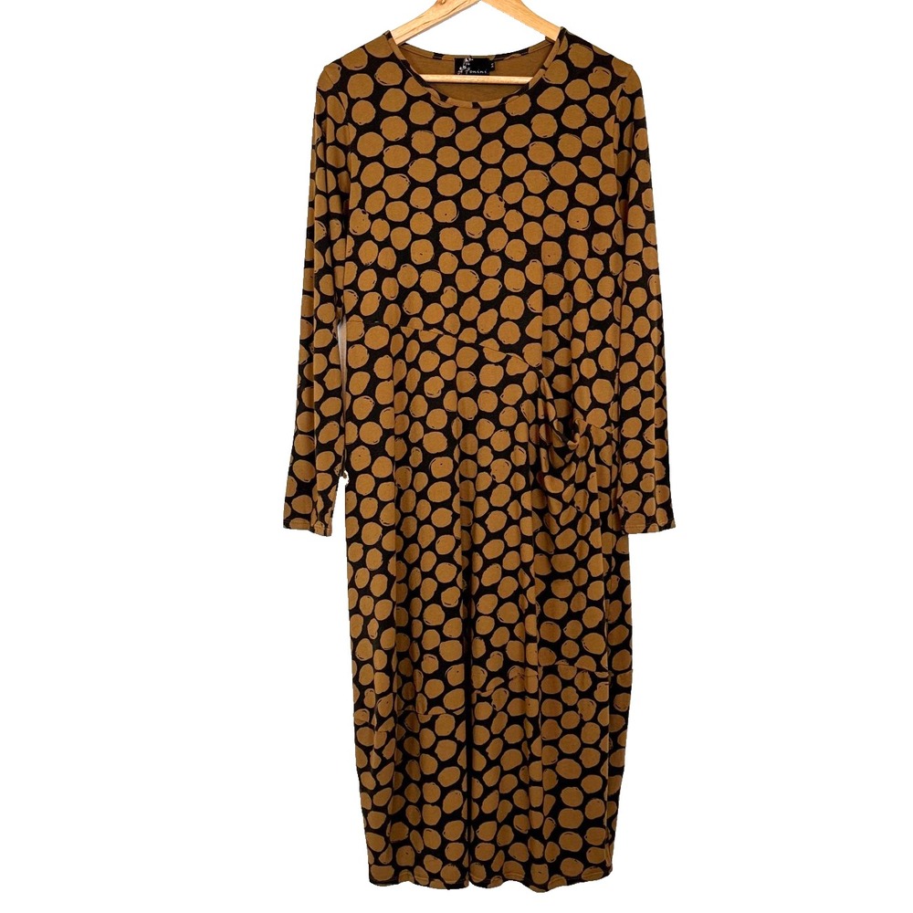 Fenini Yellow Black‎ Polka Dot Long Sleeve Midi Dress Pockets Artsy Lagenlook L